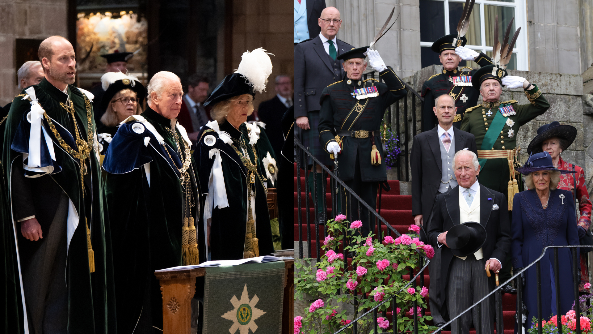 A Split image of Prince William, King Charles and Queen Camilla and the Royal Family standing on a staircase