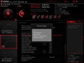 An MSI motherboard BIOS with CPU voltage settings menu highlighted