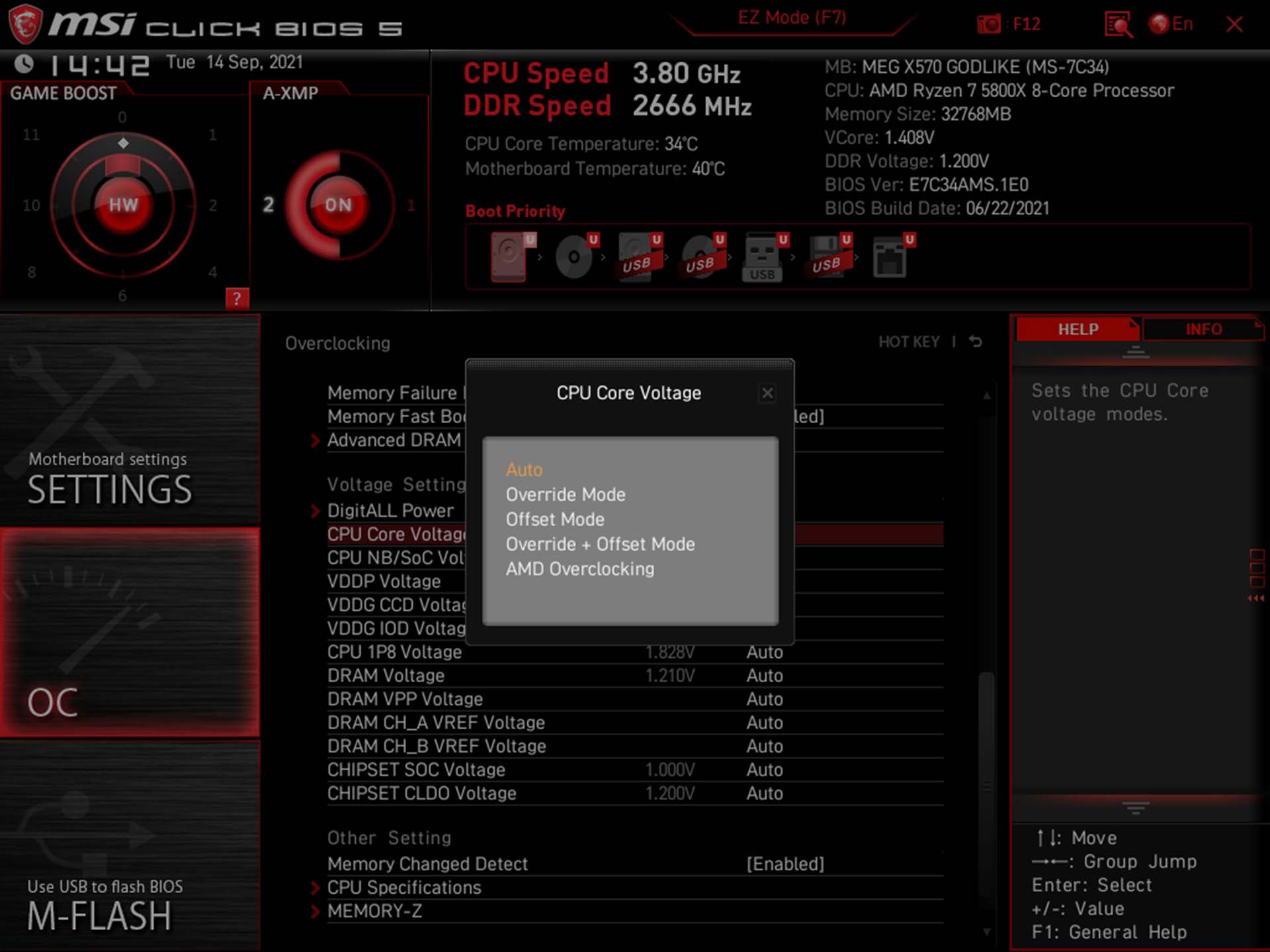 An MSI motherboard BIOS with CPU voltage settings menu highlighted