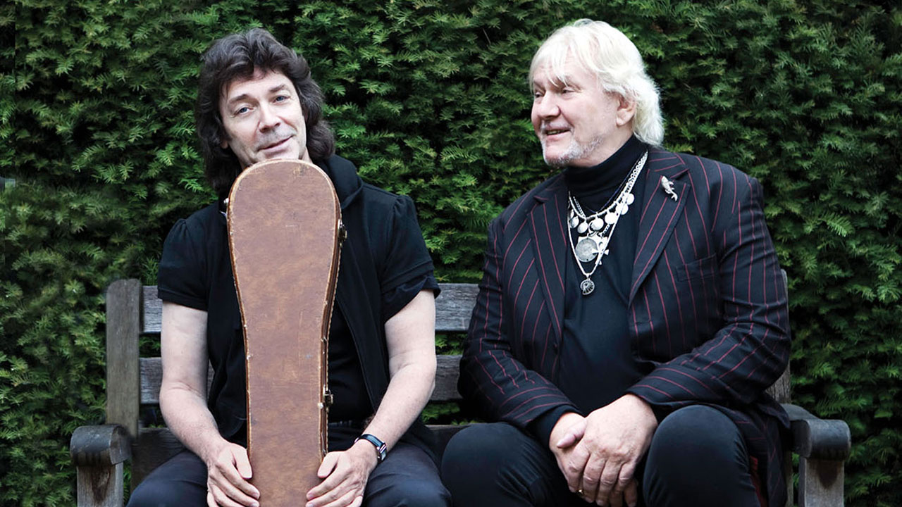 Squackett’s Steve Hackett and Chris Squire sitting on a park bench