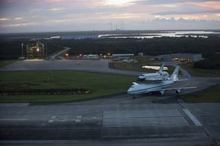 Endeavour Taxis to Runway atop Shuttle Carrier Aircraft