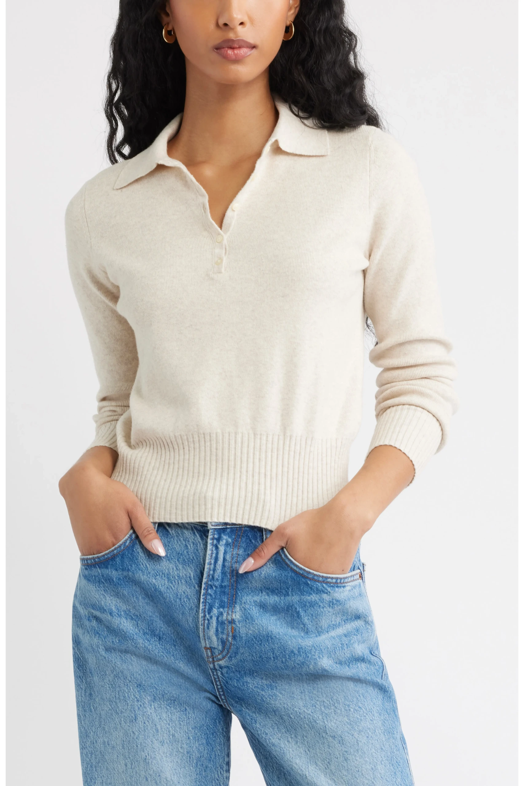 Open Edit, Long Sleeve Polo Sweater