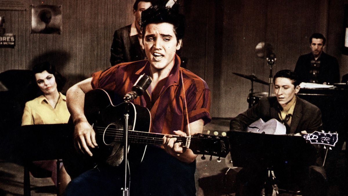 Jailhouse Rock, lobbycard, from left, Judy Tyler, Elvis Presley, 1957.