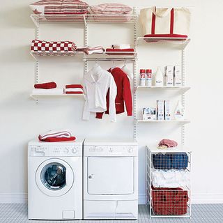 white utility room with shelves and basket