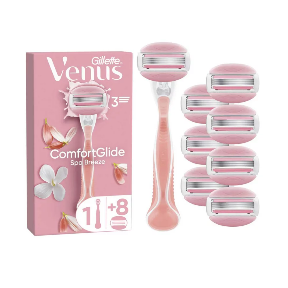 Gillette Venus Razor, Comfortglide Spa Breeze 3 Blade Women's Razor + 8 Razor Blades