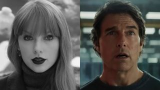 From left to right: Taylor Swift in the Fortnight music video and Tom Cruise in Mission: Impossible -- The Final Reckoning. 