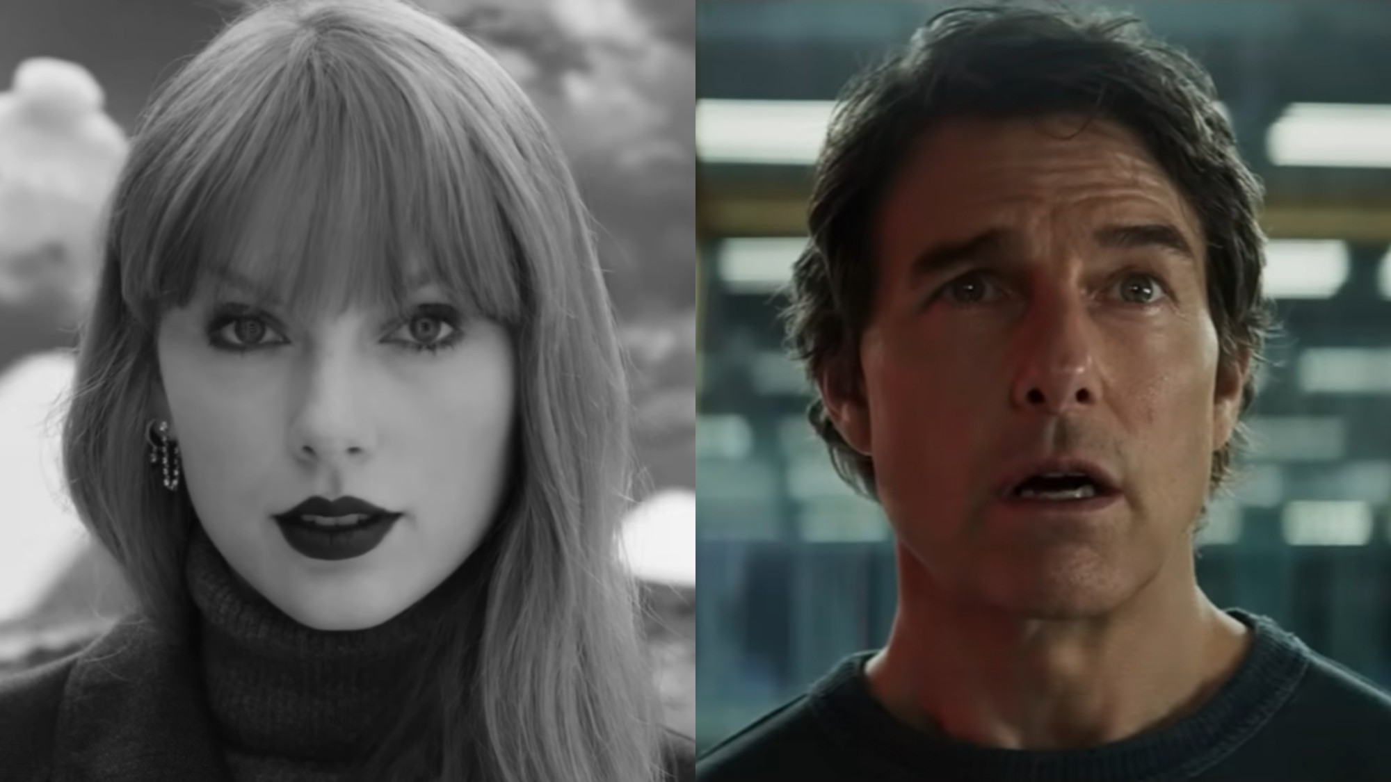 From left to right: Taylor Swift in the Fortnight music video and Tom Cruise in Mission: Impossible -- The Final Reckoning. 