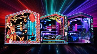 The three Maingear Apex Rush artwork-designed PC cases against a laser-lit background