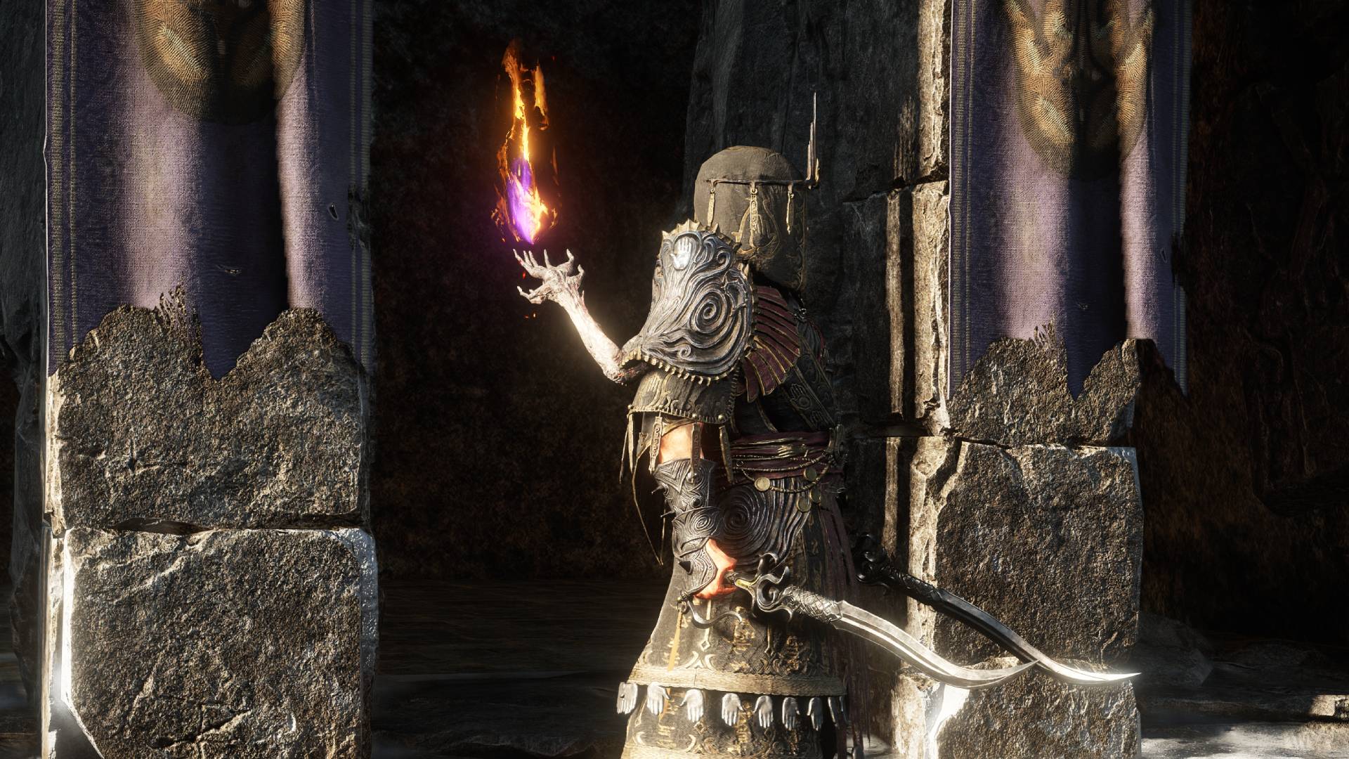 A promotional screenshot of Path of Exile expansion Keepers of the Flame. A hooded character wielding two swords stands tall. A lanky arm extends out from their back with a flame in its palm.