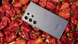 A Samsung Galaxy S24 Ultra sitting on top of a pile of red chillies