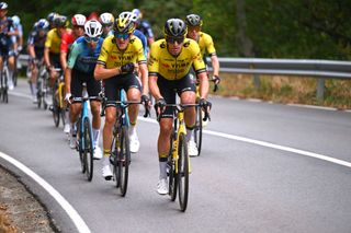 VILLABLINO SPAIN AUGUST 31 LR Robert Gesink of The Netherlands and Edoardo Affini of Italy and Team Visma Lease a Bike lead the peloton during the La Vuelta 79th Tour of Spain 2024 Stage 14 a 2005km stage from Villafranco del Bierzo to Villablino UCIWT on August 31 2024 in Villablino Spain Photo by Tim de WaeleGetty Images