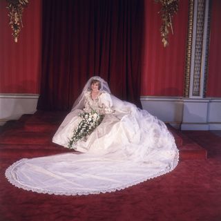 Princess Diana sitting on the red steps of a Buckingham Palace room in her wedding gown with the train surrounding her