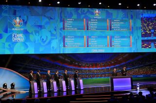 The screen displays the final groups during the Euro 2020 draw