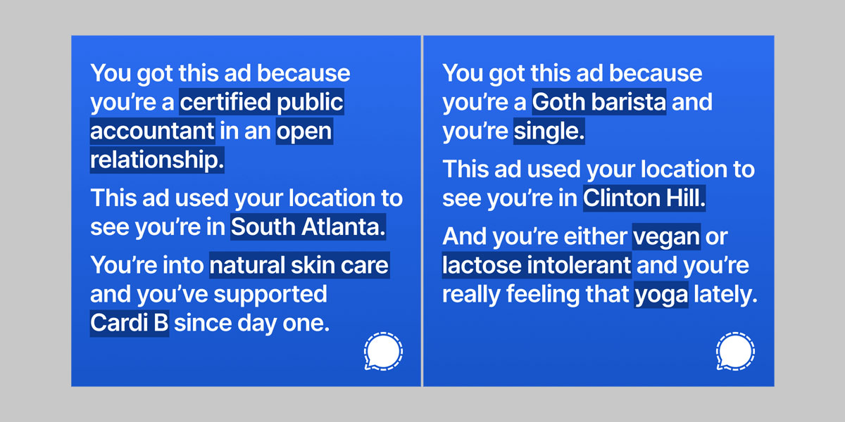 Two ads for Signal that were rejected by Instagram.