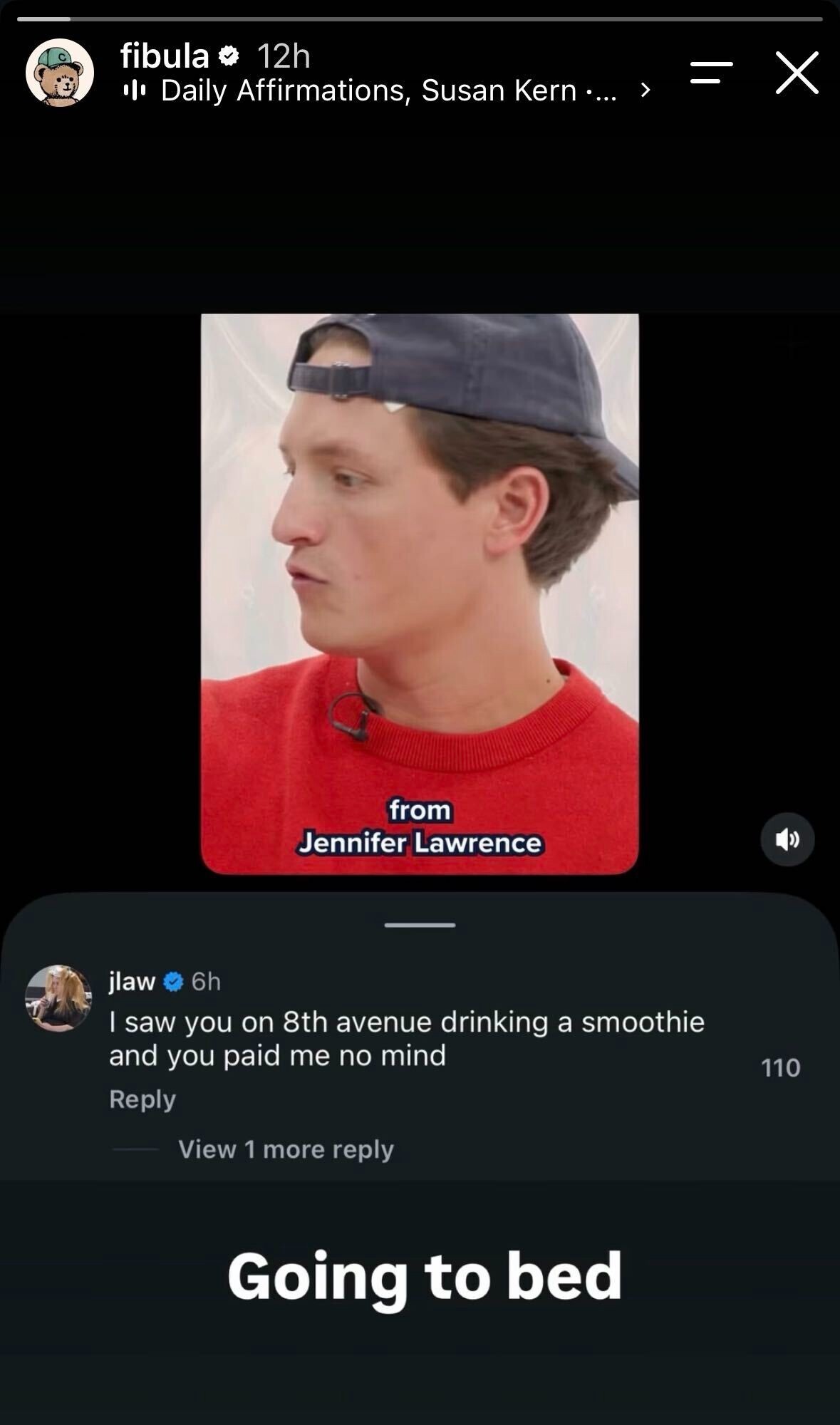 Connor Wood, red shirt and backwards grey ball cap, shares JLaw's Instagram post.