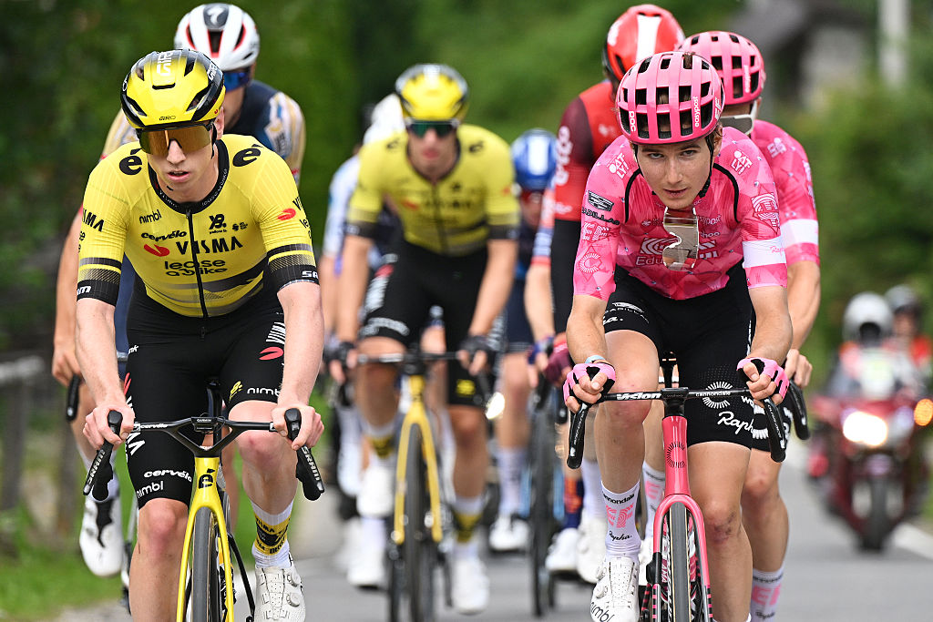 BUKOWINA TATRZANSKA, POLAND - AUGUST 09: (L-R) Matthew Brennan of Great Britain and Team Visma | Lease a Bike and Colby Simmons of The United States and Team EF Education - EasyPost compete in the breakaway during the 82nd Tour de Pologne 2025, Stage 6 a 147.5km stage from Bukowina Resort to Bukowina Tatrzanska 943m / #UCIWT / on August 09, 2025 in Bukowina Tatrzanska, Poland. (Photo by Luc Claessen/Getty Images)