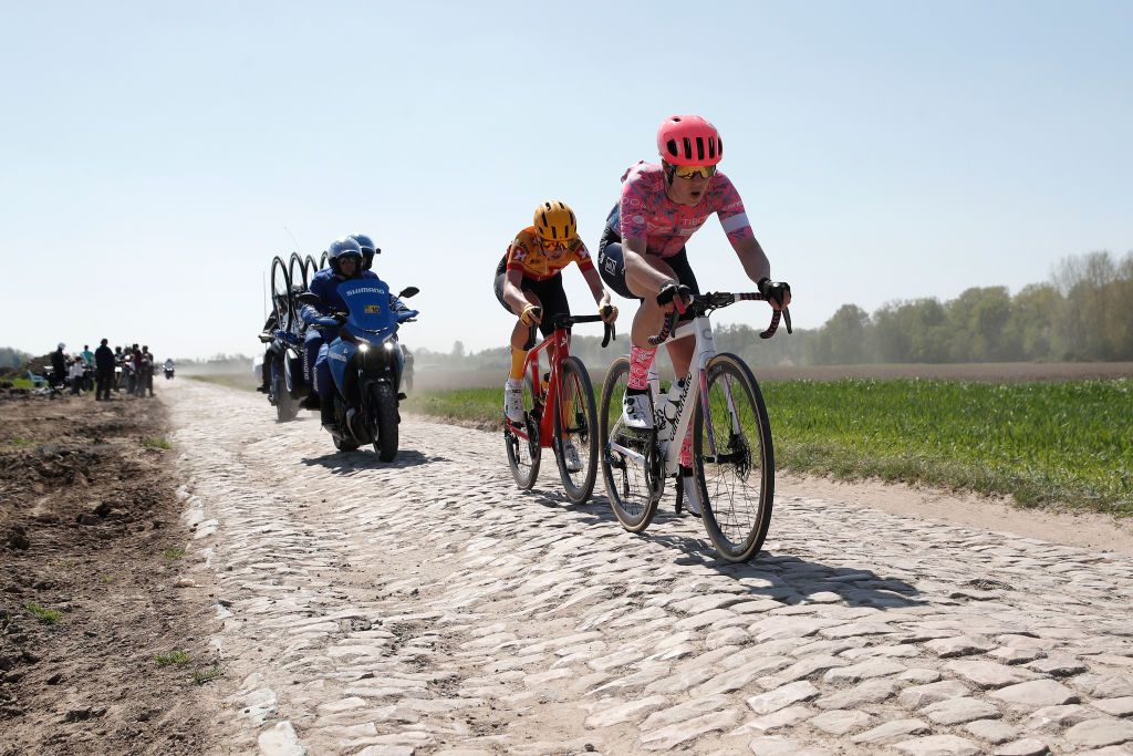 ROUBAIX FRANCE APRIL 16 LR Katie Clouse of United States and Team Human Powered Health and Tanja Erath of Germany and Team EF Education Tibco Svb compete in the breakaway passing through a Tilloy Sars et Rosires cobblestones sector during the 2nd ParisRoubaix 2022 Womens Elite a 1247km one day race from Denain to Roubaix ParisRoubaixFemmes ParisRoubaix on April 16 2022 in Roubaix France Photo by Bas CzerwinskiGetty Images