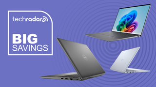 Three Dell laptops on a purple background next to a TechRadar badge that reads 'Big Savings'