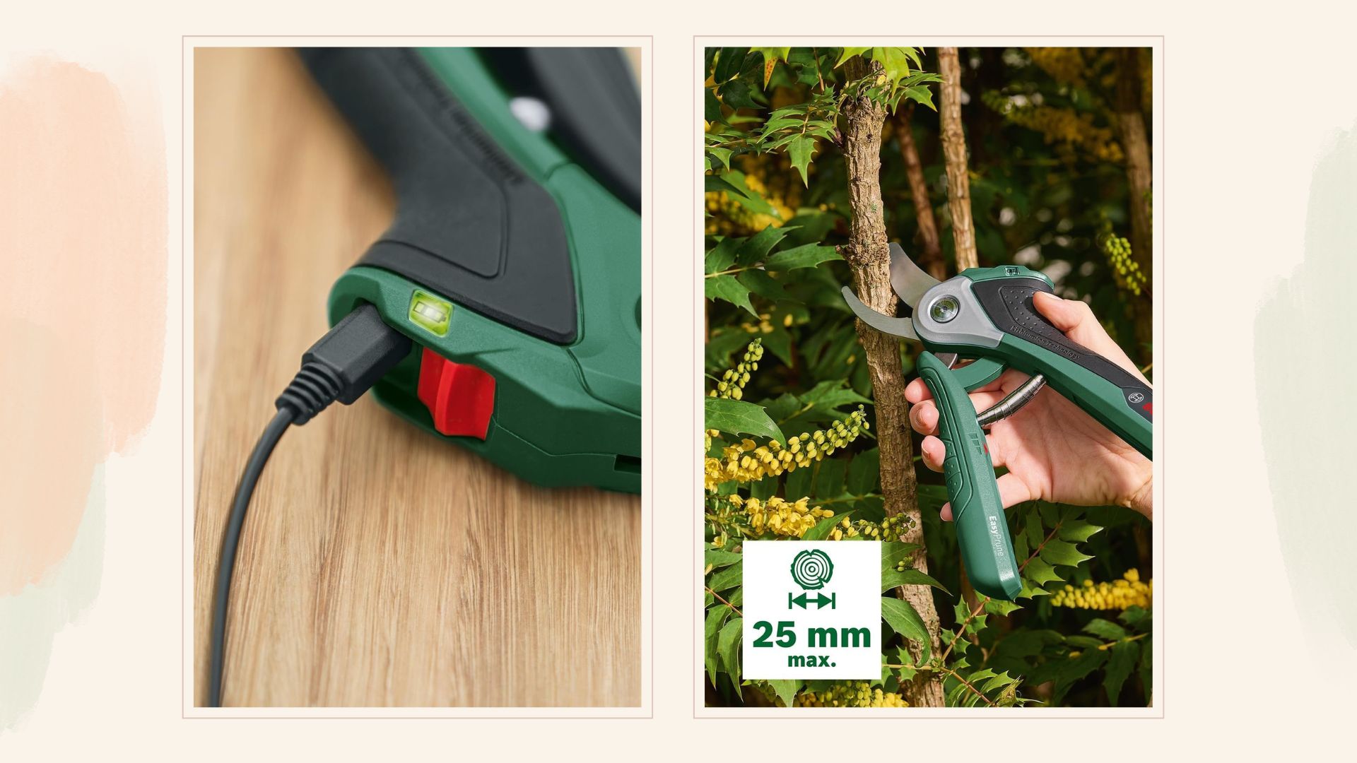 composite of device charging and being used on a thicker branch in garden