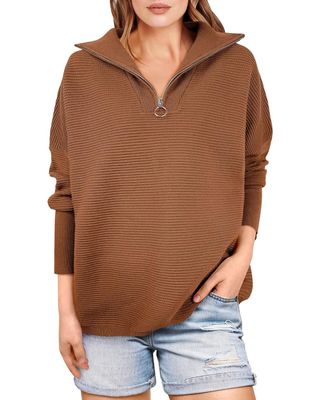 Anrabess Womens Oversized Half Zip Sweater Pullover Casual Long Sleeve 1/4 Quarter Zip Tunic Baggy Slouchy Trendy Outfits Teen Girls 2024 Spring Winter Tops 802hongzong-M Brown