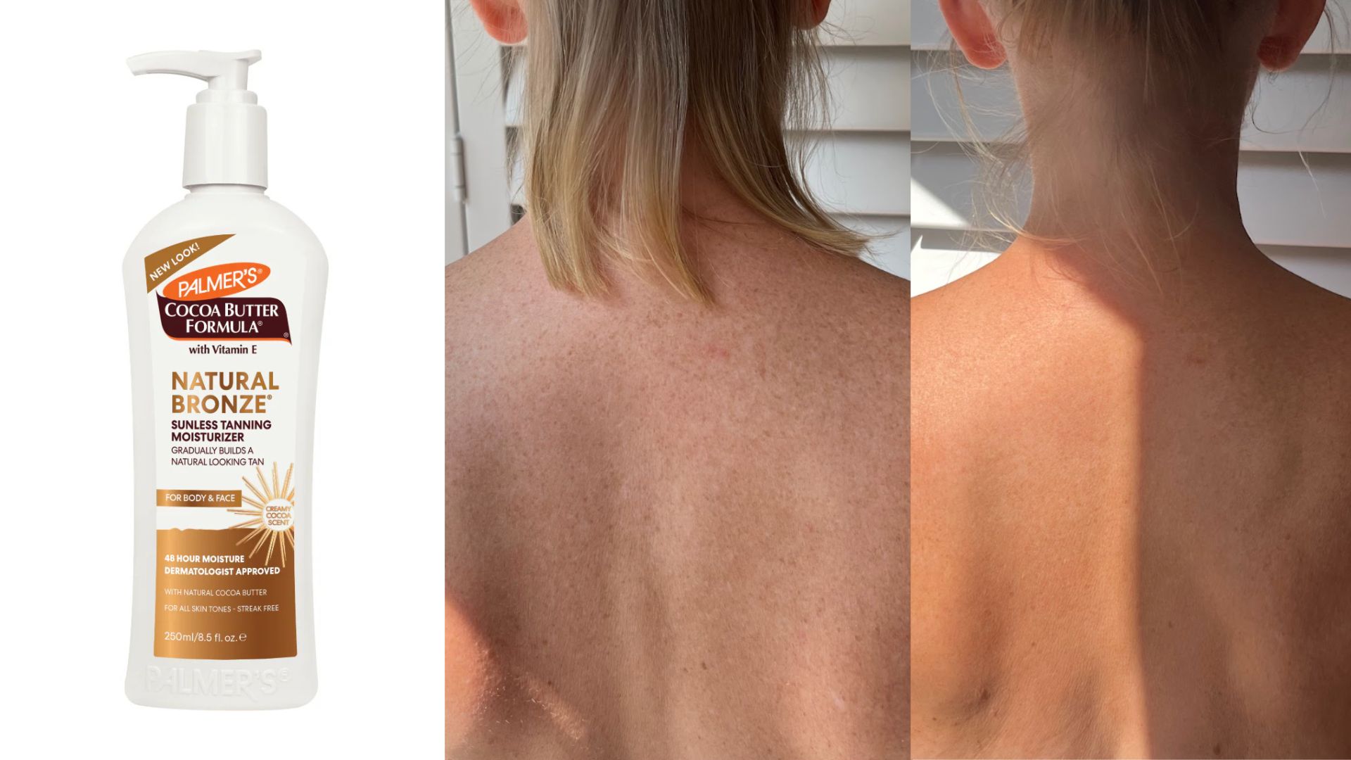 A before and after of Charley using the Palmers Cocoa Butter Formula Natural Bronze Gradual Tanning Lotion next to a product shot