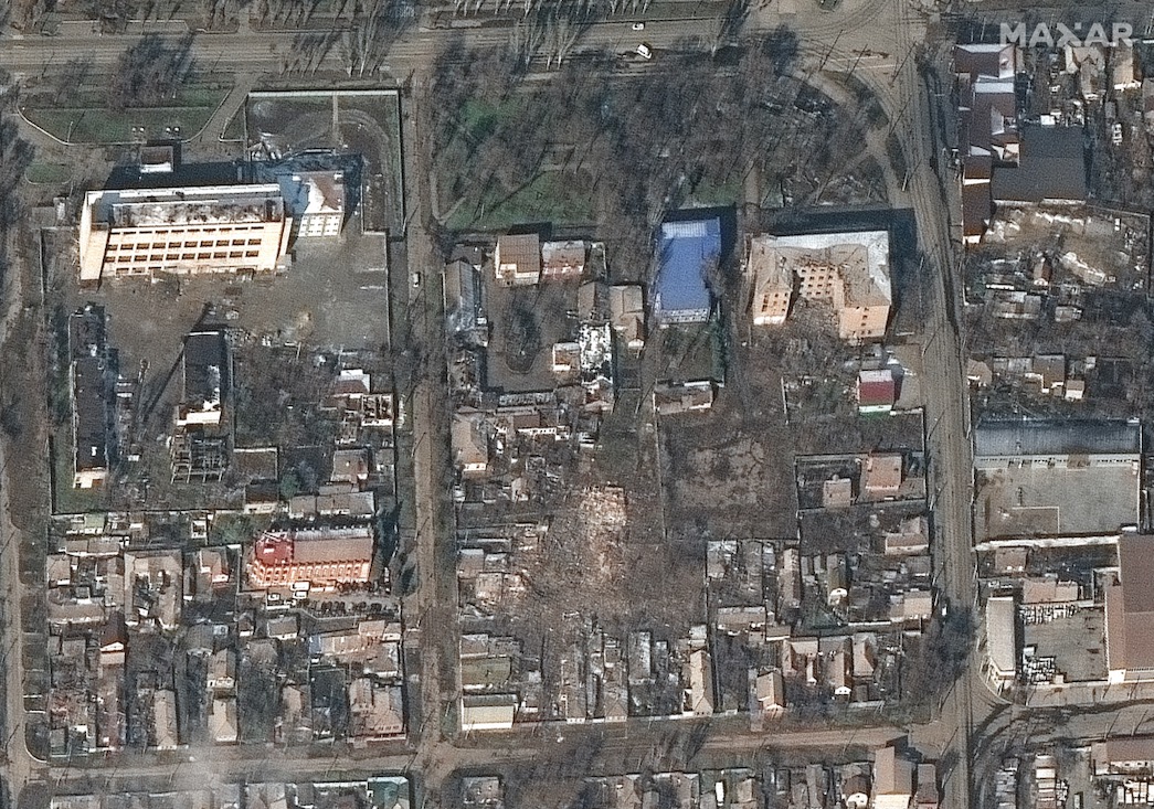 This photo, taken on March 9, 2022 by Maxar Technologies' WorldView-3 satellite, shows destroyed homes and other buildings in the Ukrainian city of Mariupol.