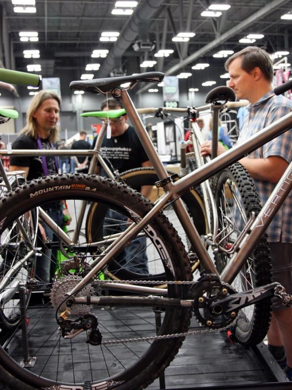 Offsetting the seat tube at the bottom bracket on this Vertigo titanium frame allows for shorter chain stays just like a curved seat tube.