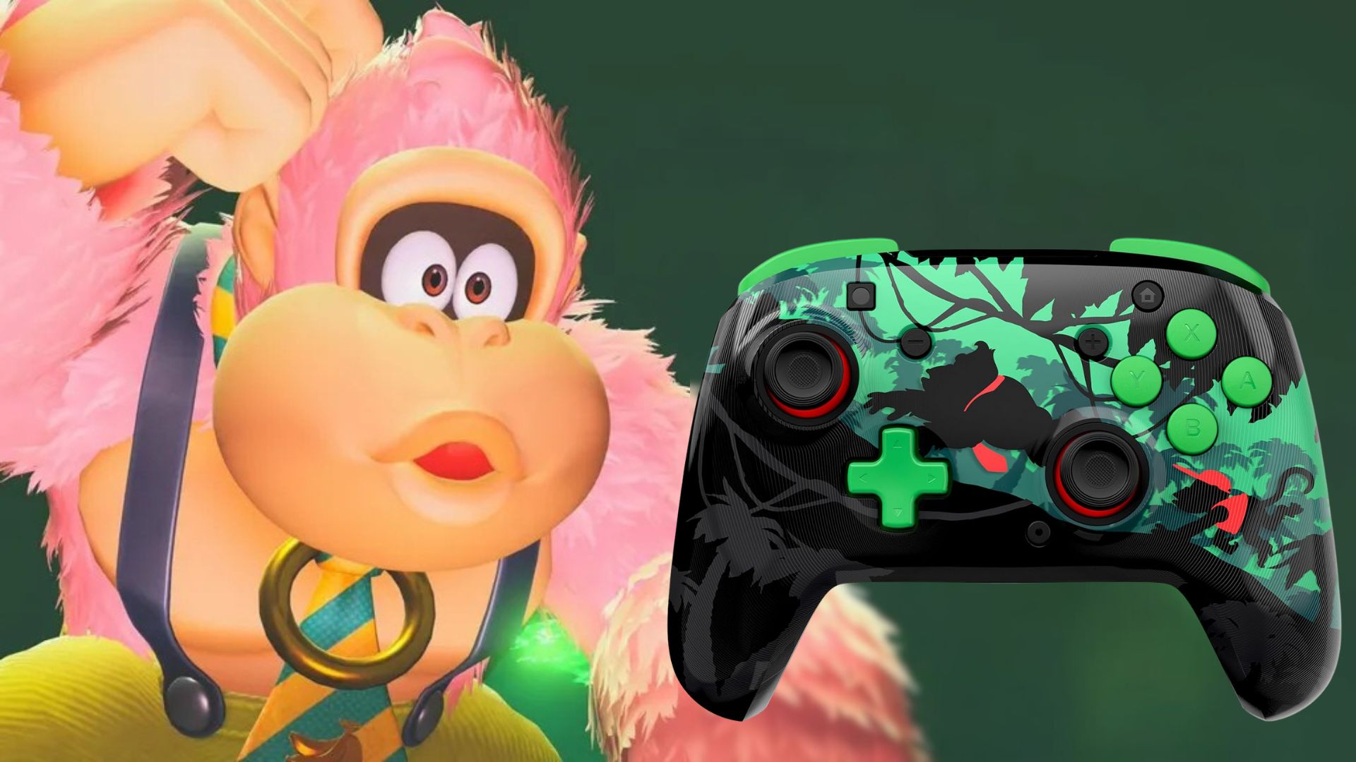 A Donkey Kong Bananza review image of Donkey Kong staring at a Turtle Beach Rematch controller that's been edited on top