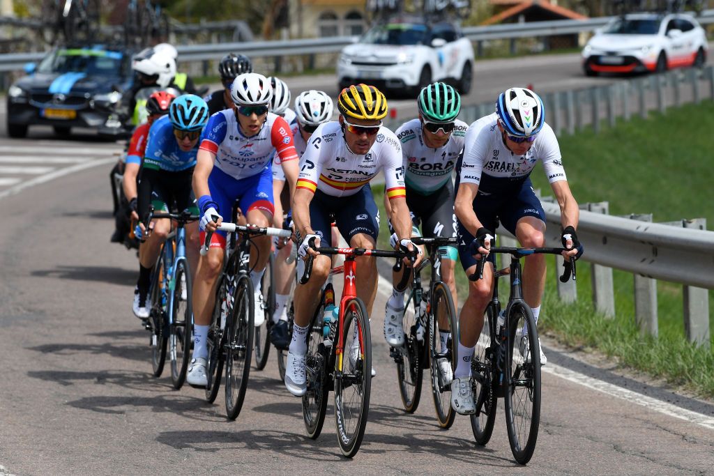 PIEVEDIBONO ITALY APRIL 22 Felix Groschartner of Austria and Team Bora Hansgrohe Luis Leon Sanchez Gil of Spain and Team Astana Premier Tech Christopher Froome of United Kingdom and Team Israel StartUp Nation on breakaway during the 44th Tour of the Alps 2021 Stage 4 a 1686 to stage from Naturns to Valle del Chiese Pieve di Bono TourofTheAlps TouroftheAlps on April 22 2021 in Pieve di Bono Italy Photo by Tim de WaeleGetty Images