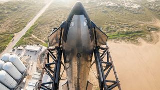 An overhead view of SpaceX's Starship on the launch pad ahead of its planned orbital test flight.