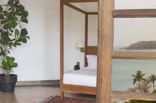 view of room at seku bi in dakar, senegal. Bed with large frame and plant pot