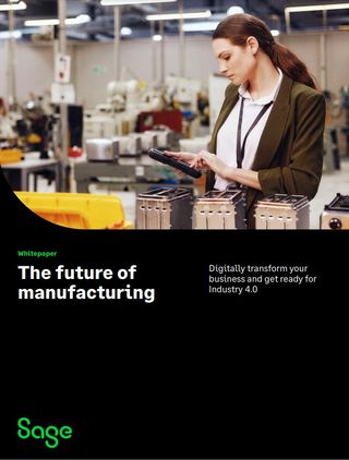 Whitepaper cover with lanyard-wearing female worker in a factory using a tablet, stood by a production line