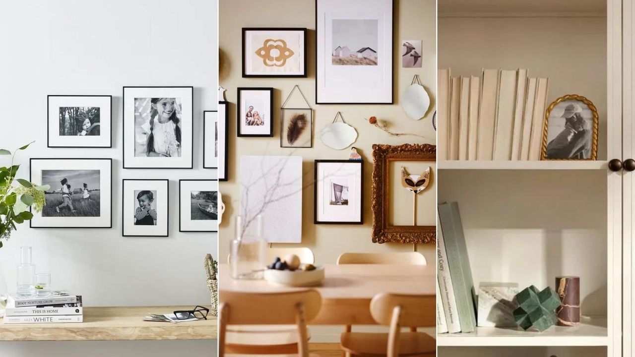 Three images of gallery walls displaying family photos