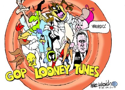 Political Cartoon U.S. GOP looney tunes qanon greene romney