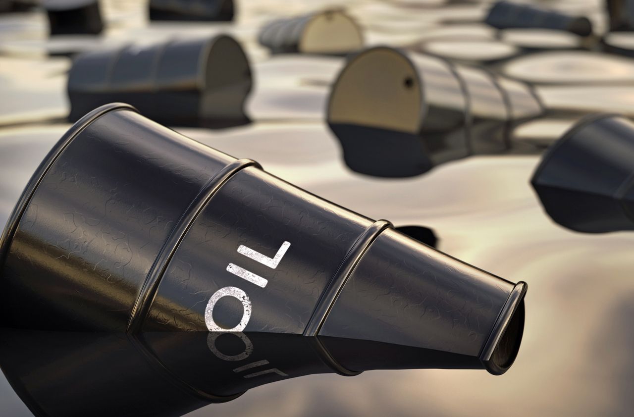 Oil barrels floating, computer illustration.