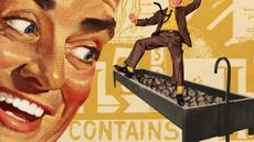 Illustrative collage of a man staring maniacally at a pig trough full of pet fool pellets. A boy dances on top of it.