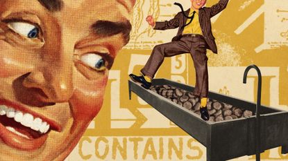 Illustrative collage of a man staring maniacally at a pig trough full of pet fool pellets. A boy dances on top of it.