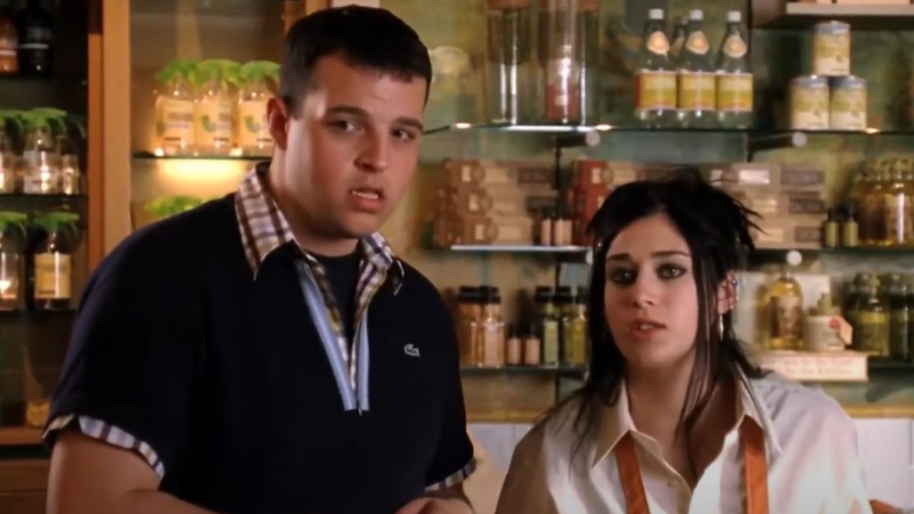 Damian and Janis (Daniel Franzese and Lizzy Caplan) stare in bewilderment in Mean Girls.