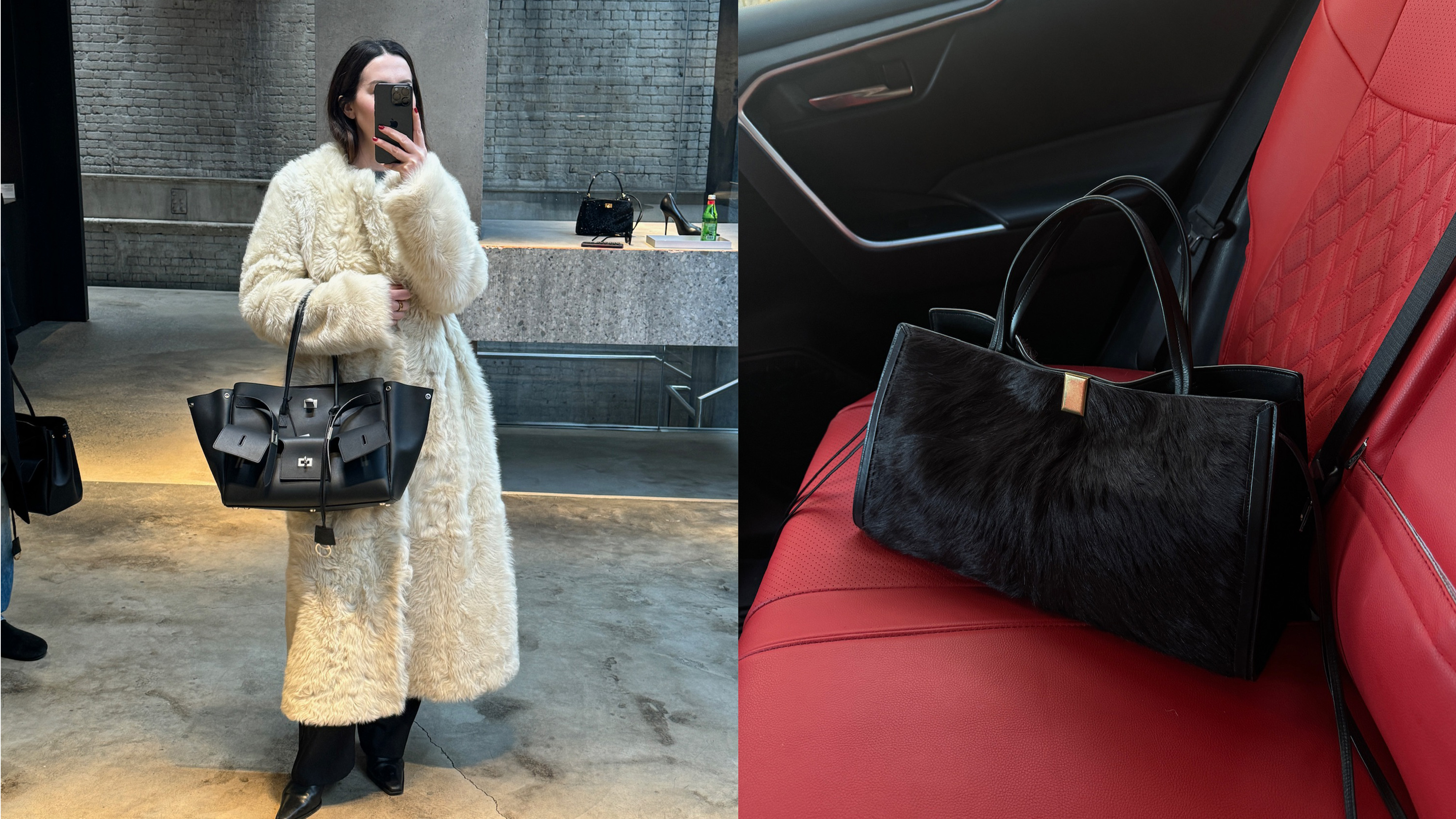 Caitlin Burke wearing a white shearling coat and carrying a black Balenciaga Bel-Air Carryall bag with silver hardware. In another photo, her Phoebe Philo Small Kit Cabas bag with pony hair is on the seat of a car. 