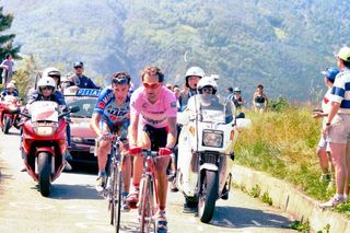 Pavel Tonkov and Ivan Gotti climbing the Mortirolo in 1997 just as they had done one year previously but would be Gotti winning the overall this time