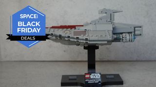 A LEGO Star Wars: Attack of The Clones Acclamator-Class Assault Ship on a black Lego stand.