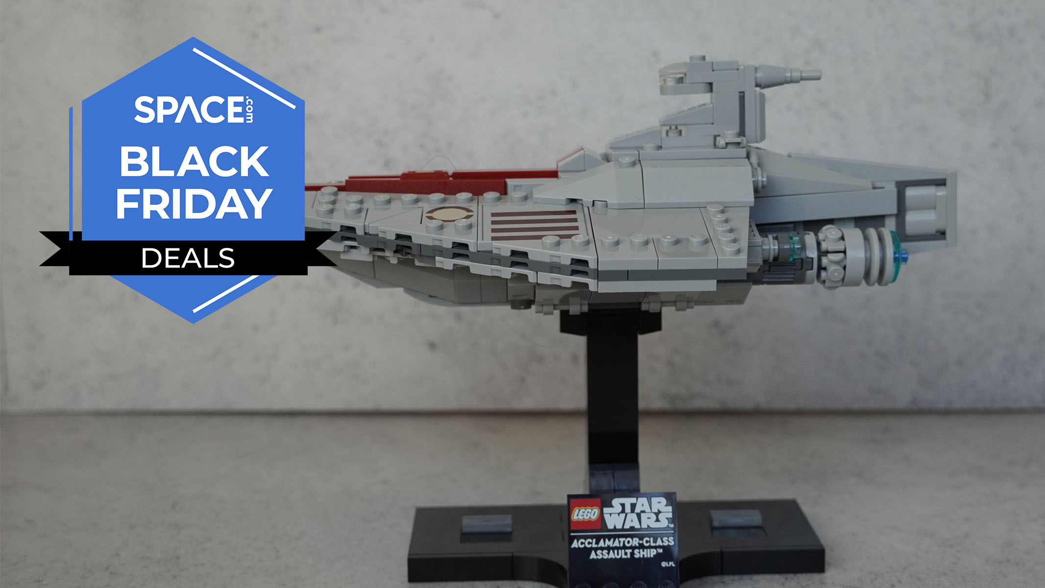 A LEGO Star Wars: Attack of The Clones Acclamator-Class Assault Ship on a black Lego stand. 