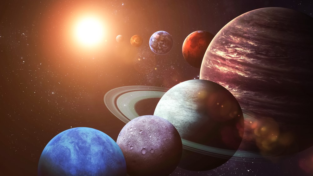 Eine künstlerische Darstellung der Planeten im Sonnensystem, nicht maßstabsgetreu.