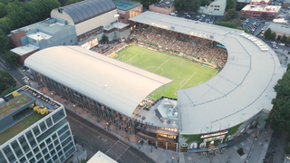 An aerial view of Portland's Providence Park ready for a Timbers game.
