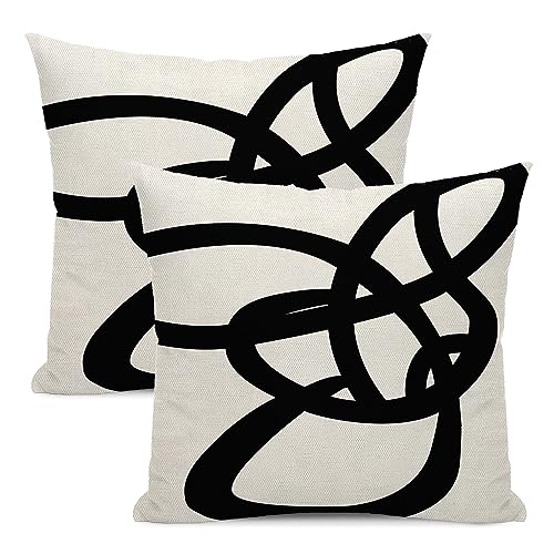 Black and White Pillow Covers 20x20 Set of 2 Geometric Abstract Modern Art Line Throw Pillow Covers Modern Minimalist Style Decorative Square Linen Cushion Case Boho Decoration for Couch Sofa Outdoor