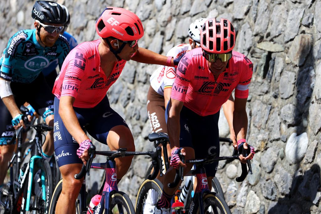 LUZ ARDIDEN FRANCE JULY 15 Magnus Cort of Denmark Rigoberto Urn of Colombia and Team EF Education Nippo during the 108th Tour de France 2021 Stage 18 a 1297km stage from Pau to Luz Ardiden 1715m LeTour TDF2021 on July 15 2021 in Luz Ardiden France Photo by Tim de WaeleGetty Images