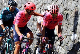 Magnus Cort looks after Rigoberto Uran during a bad day to Luz Ardiden in the Tour de France