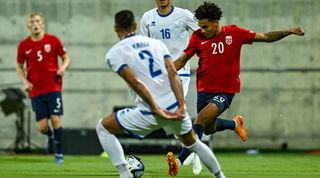 Norway's forward #20 Antonio Nusa (R) runs with the ball during the UEFA Euro 2024 group A qualification football match between Cyprus and Norway at the AEK Arean in Larnaca, Cyprus, on October 12, 2023. (Photo by Jewel SAMAD / AFP) (Photo by JEWEL SAMAD/AFP via Getty Images)