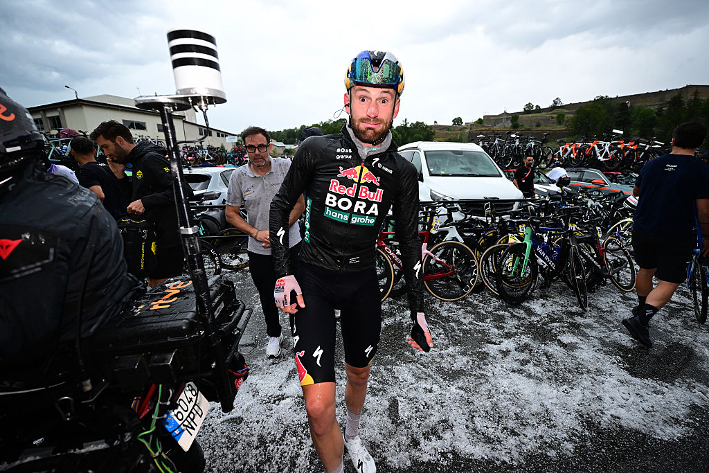 FONT-ROMEU, FRANCE - AUGUST 24: Jordi Meeus of Belgium and Team Red Bull - BORA - hansgrohe reacts after the La Vuelta - 81st Tour of Spain 2026, Stage 3 a 174km from Gruissan - Aude to Font Romeu 1941m / The stage is cancelled due to extreme weather conditions / #UCIWT / on August 24, 2026 in Font Romeu, France. (Photo by Tim de Waele/Getty Images)