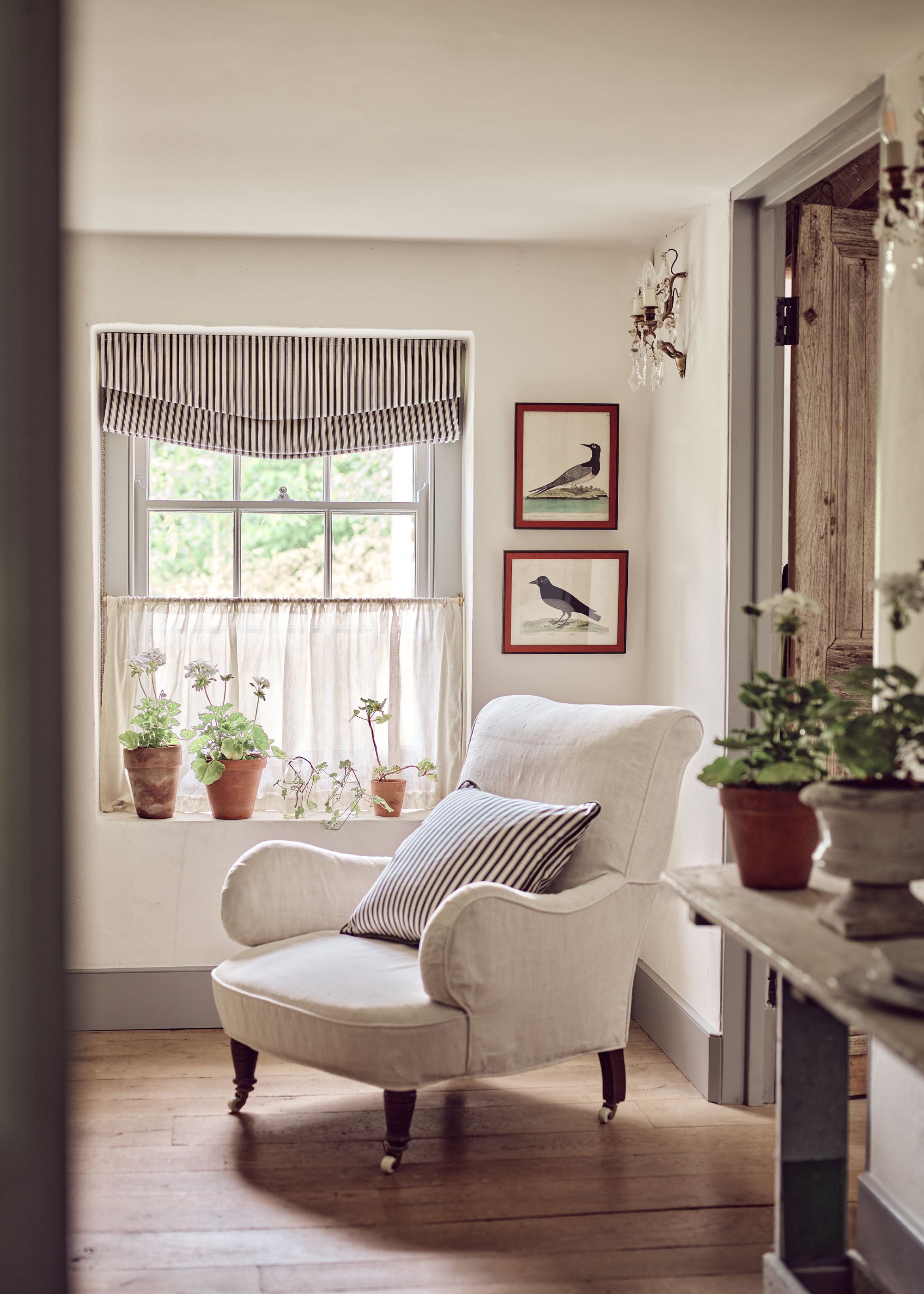 rustic living room with cream armchair and window with cafe curtains and striped, relaxed roman blinds